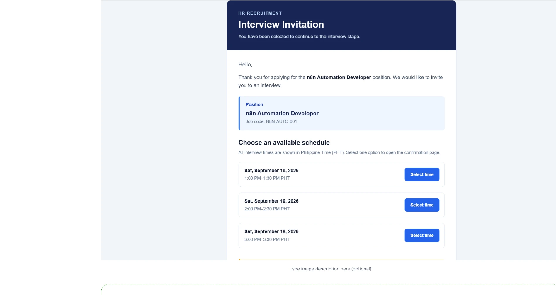 Interview invitation for an n8n Automation Developer role offering three thirty-minute time slots in Philippine Time.