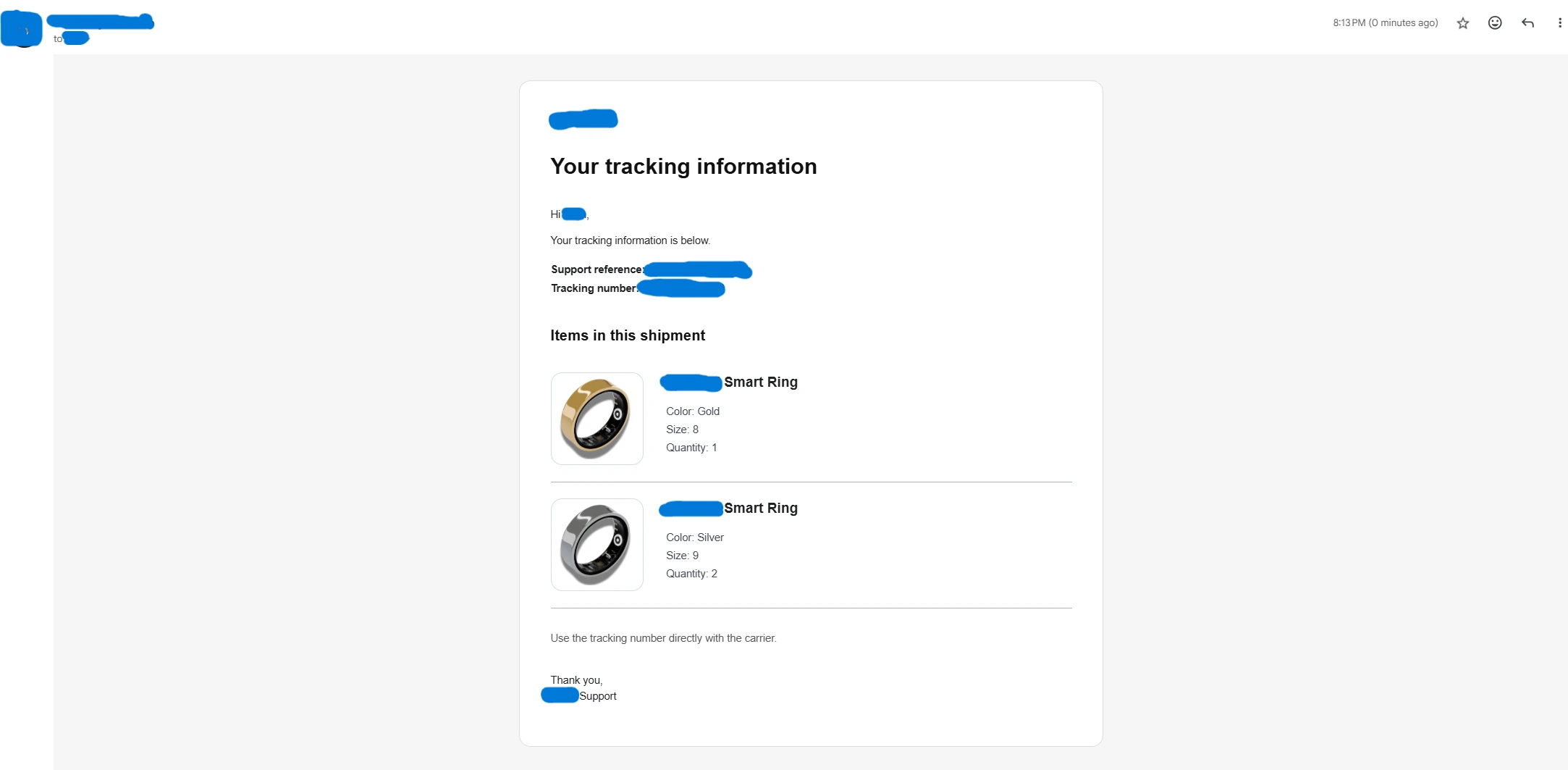 Redacted tracking information email listing a gold ring in size 8 with quantity 1 and silver rings in size 9 with quantity 2.