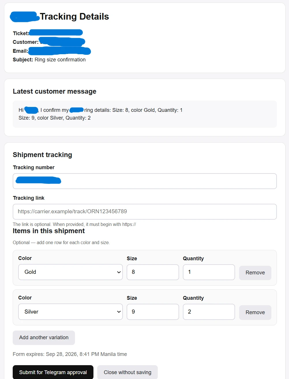 Redacted tracking form with shipment details, two ring variants, an expiration notice, and a Submit for Telegram approval button.